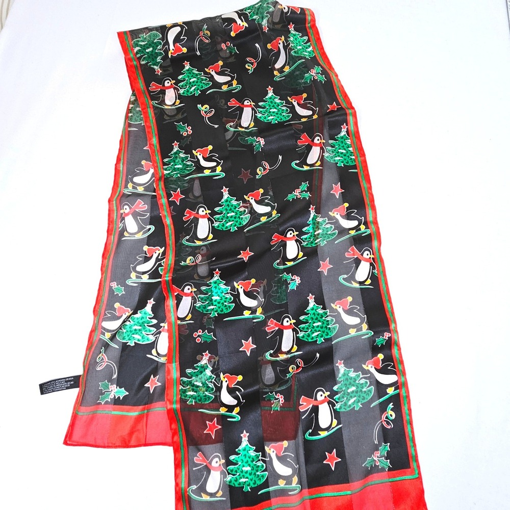 Christmas Penguin Holiday Scarf Black Red Green Sheer Stripe Winter Accessory